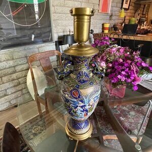 Vintage Japanese Moriage Multcolor Raised Designs Tall Lamp